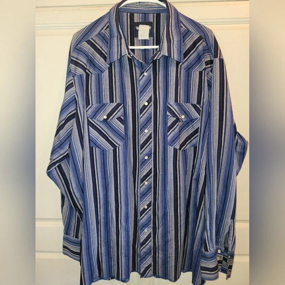 Vintage Wrangler Black & Blue Striped Western Pearl Snap Men's Shirt - Picture 1 of 5
